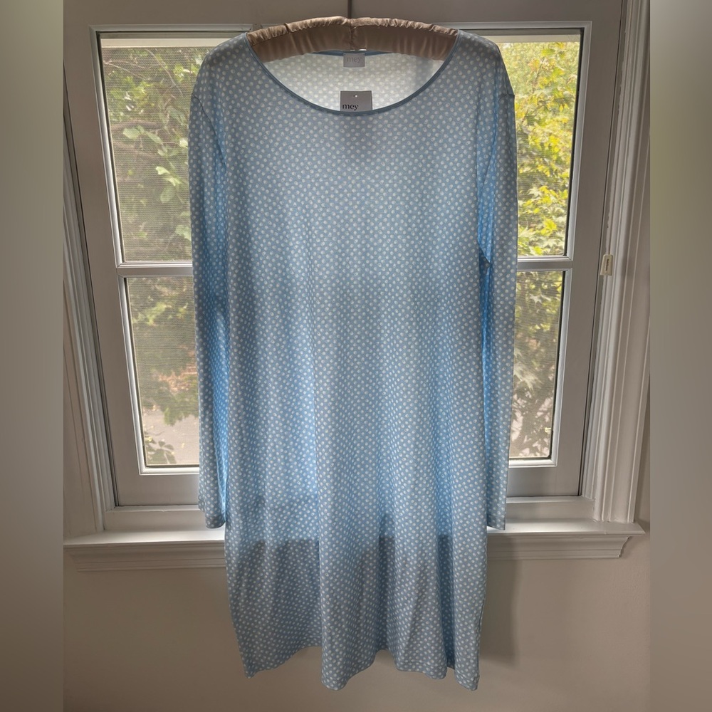 Mey Germany Cotton Nightgown XL / EU 44 Blue Polka Dot Long Sleeve NWT